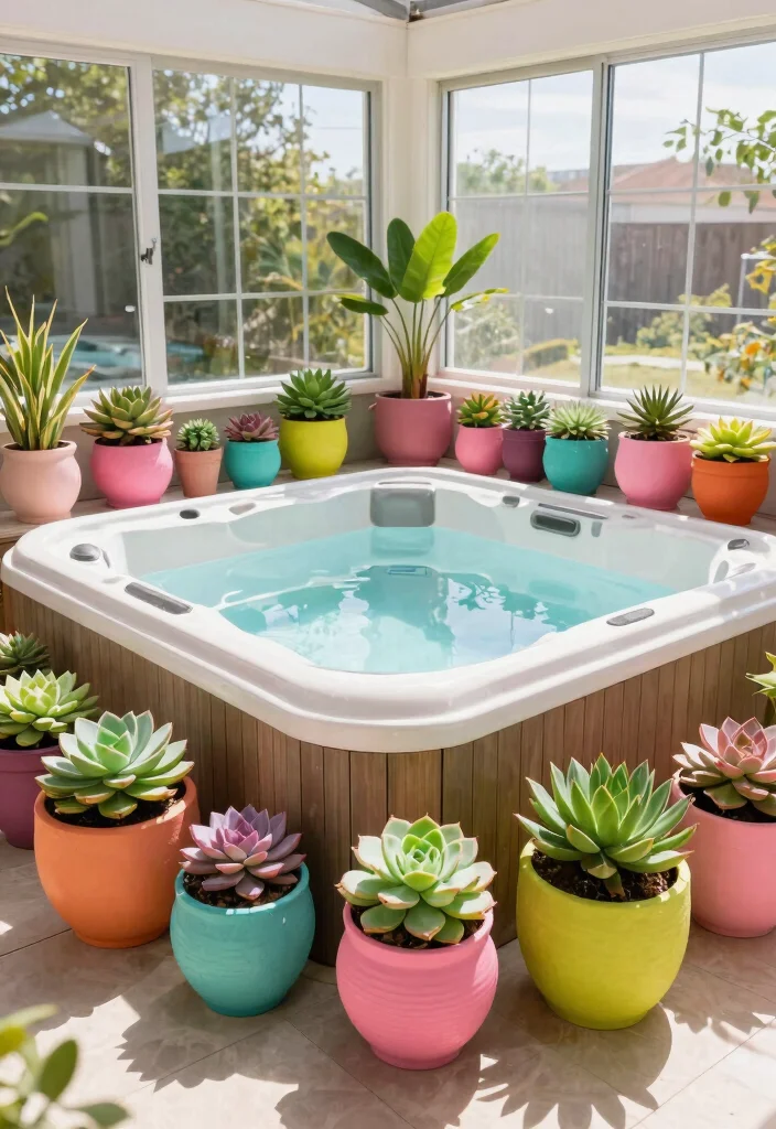 6 Bright Sunroom Hot Tub Ideas for IndoorOutdoor Flow 3. Vibrant Color with Potted Succulents 0