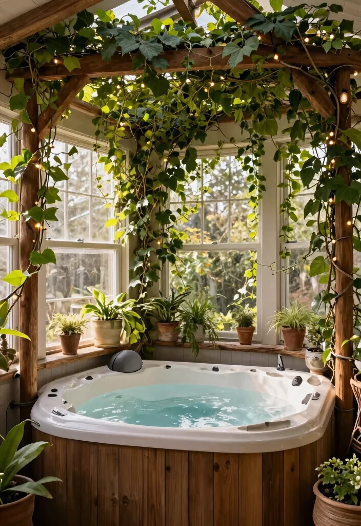6 Bright Sunroom Hot Tub Ideas for IndoorOutdoor Flow 4. Rustic Charm with Climbing Vines 0