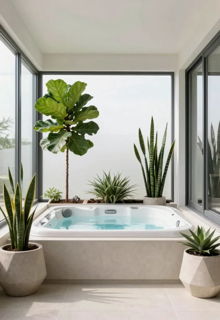 6 Bright Sunroom Hot Tub Ideas for IndoorOutdoor Flow 5. Modern Minimalism with Statement Plants 0