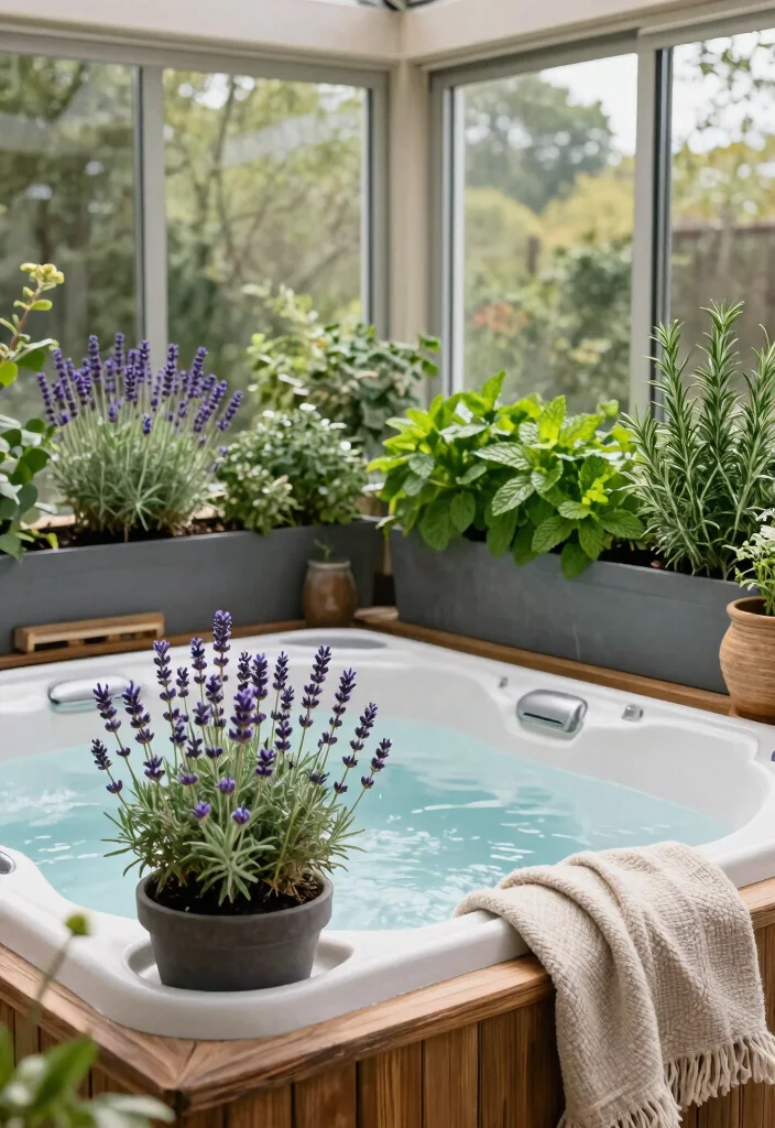 6 Bright Sunroom Hot Tub Ideas for IndoorOutdoor Flow 6. Therapeutic Aromatics with Herb Garden 0
