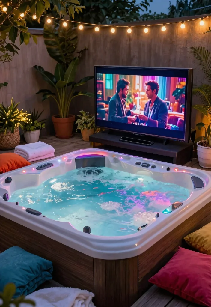 6 Smart Hot Tub TV Ideas for Outdoor Movie Nights 2. Floating TV in the Hot Tub 0