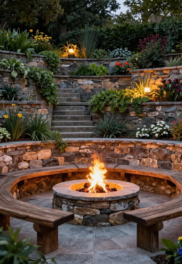 6 Smart Retaining Wall Fire Pit Ideas for Sloped Yards 1. Multi Level Retaining Wall Fire Pit 0