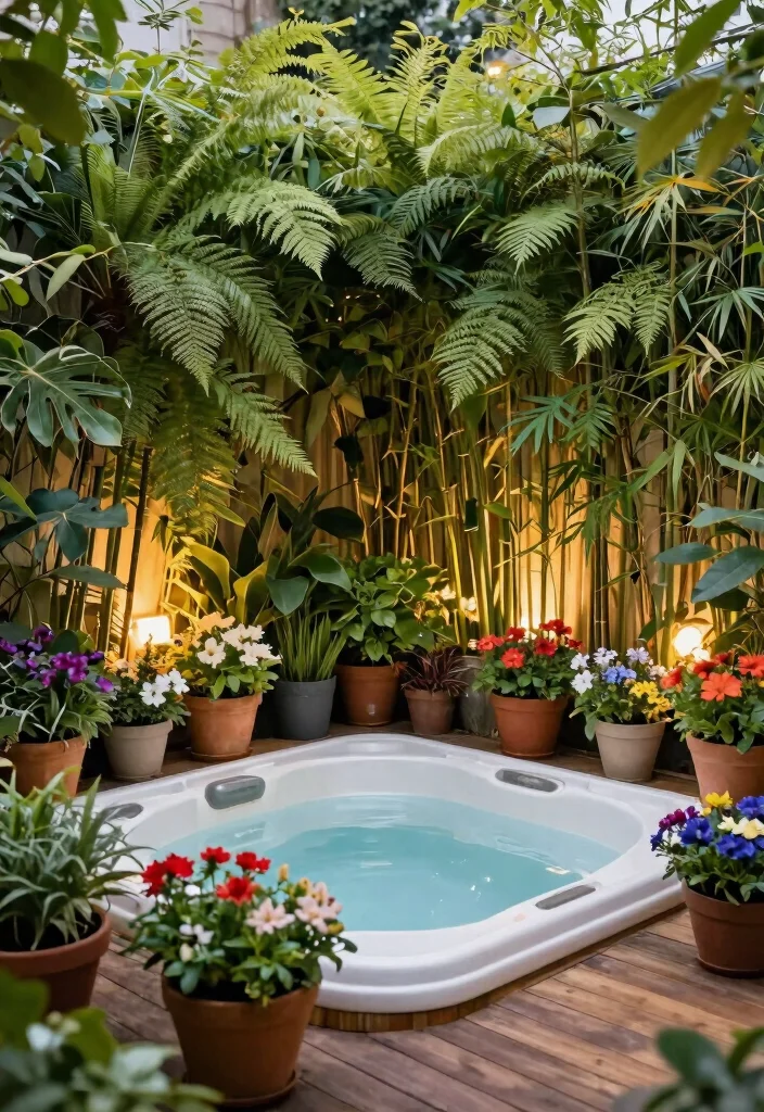 6 Space Efficient Hot Tub Corner Ideas for Small Decks 1. Lush Greenery Surround 0