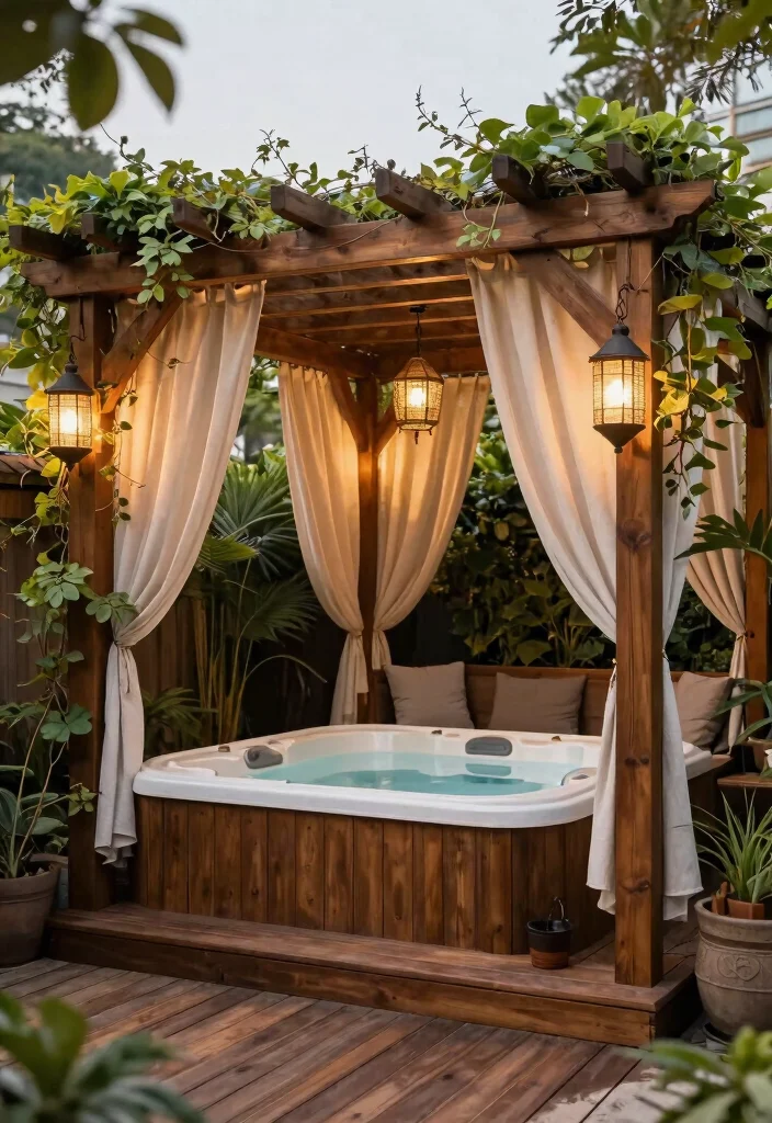 6 Space Efficient Hot Tub Corner Ideas for Small Decks 2. Stylish Pergola Cover 0