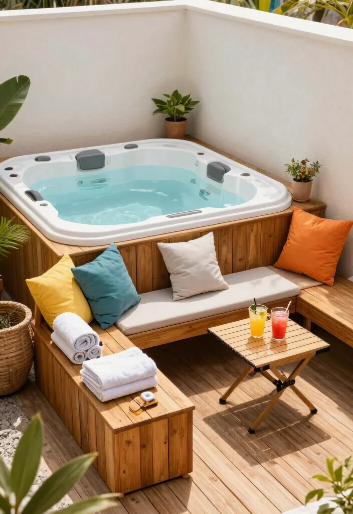 6 Space Efficient Hot Tub Corner Ideas for Small Decks 3. Multi Purpose Furniture 0