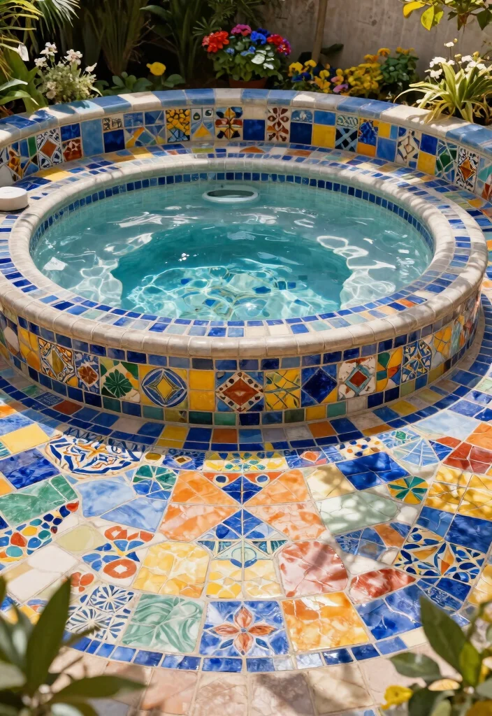 6 Space Efficient Hot Tub Corner Ideas for Small Decks 4. Artful Tiling 0