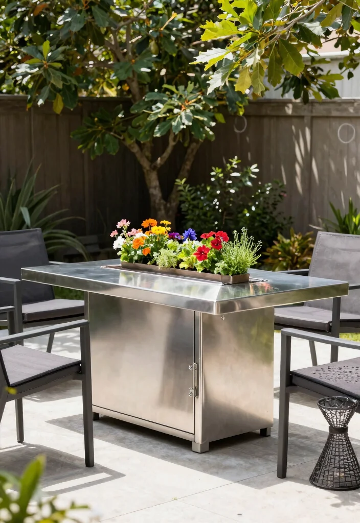 6 Space Saving Corner Fire Pit Ideas for Small Yards 2. Modern Fire Table with Planter Box 0