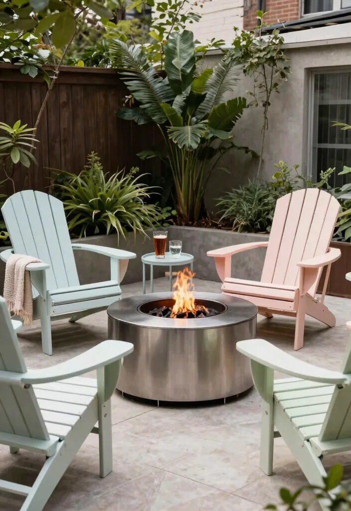 6 Space Saving Corner Fire Pit Ideas for Small Yards 4. Minimalist Fire Pit with Adirondack Chairs 0