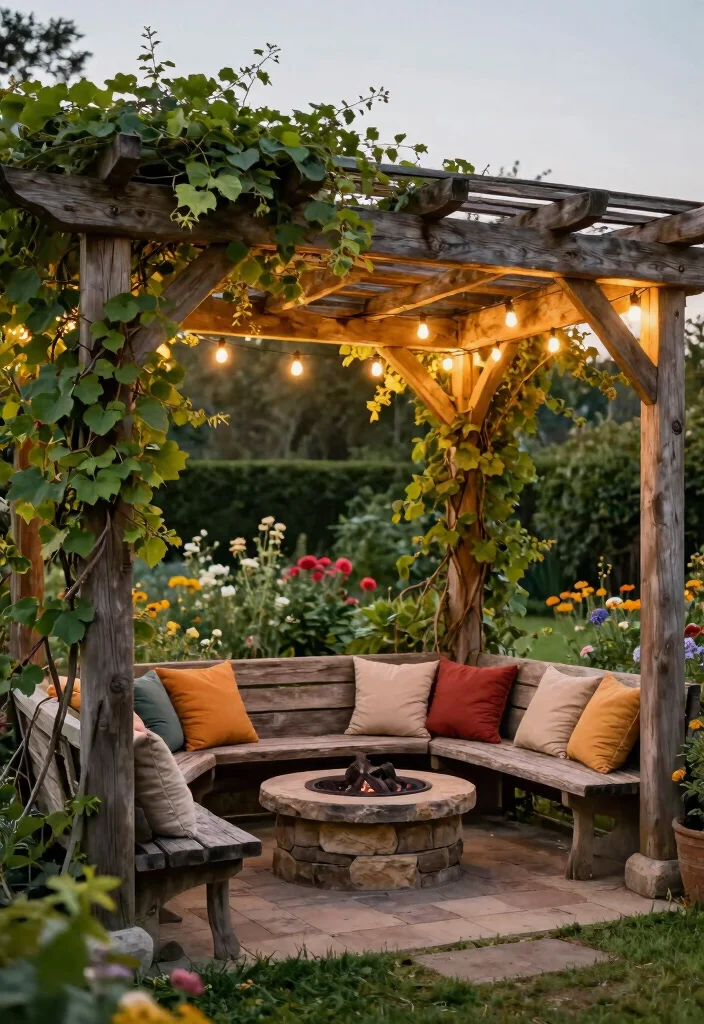 6 Stunning Pergola Fire Pit Ideas for All Weather Comfort 1. Rustic Charm with Wooden Beams 0