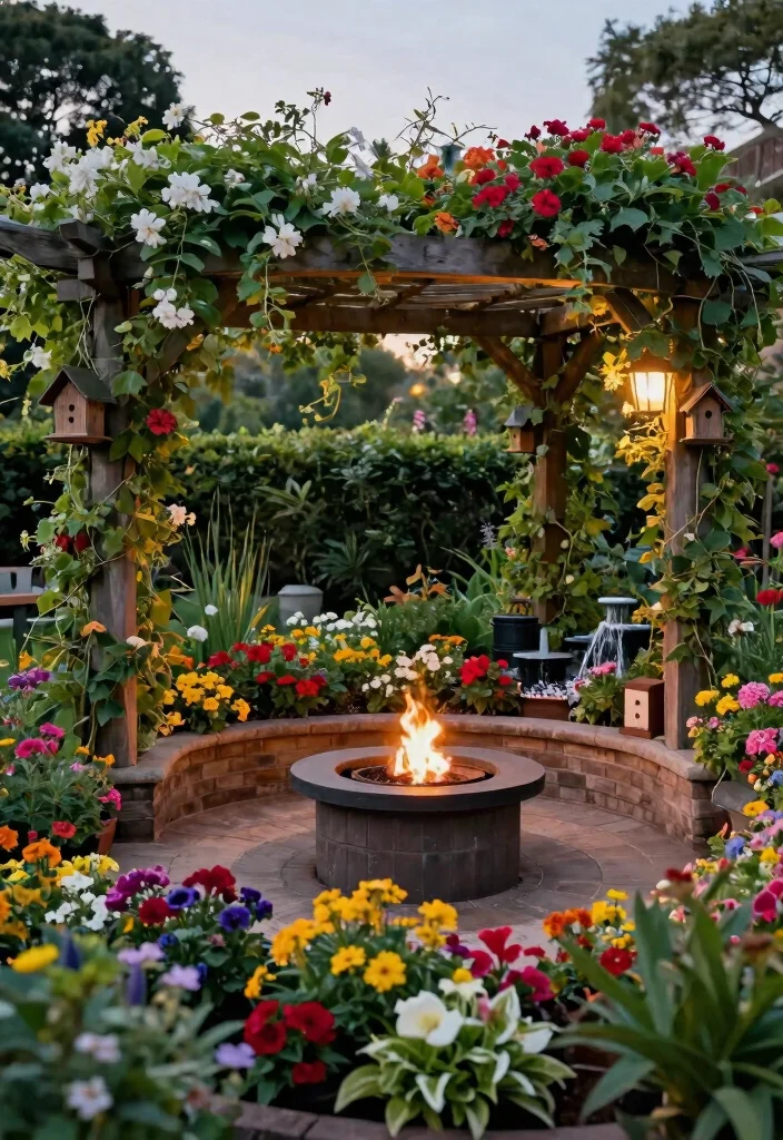 6 Stunning Pergola Fire Pit Ideas for All Weather Comfort 3. Enchanting Garden Oasis 0