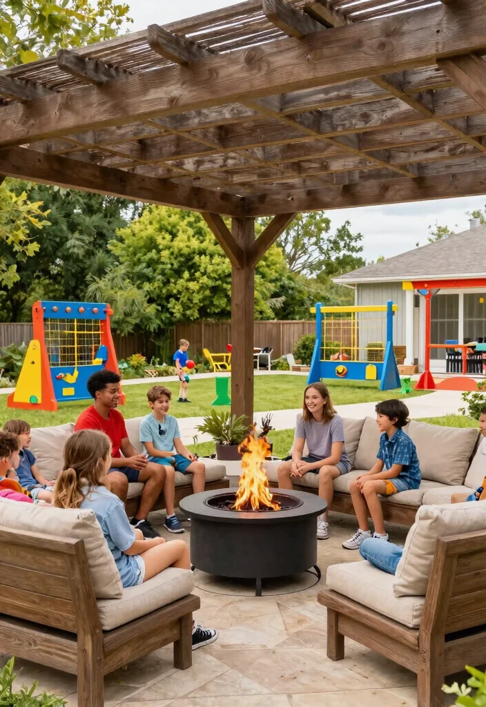 6 Stunning Pergola Fire Pit Ideas for All Weather Comfort 6. Family Friendly Fun Zone 0
