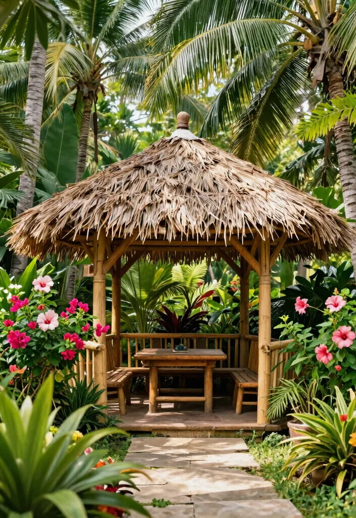 6 Tropical Bamboo Gazebo Ideas for a Beachy Vibe 2. Lush Garden Haven A Tropical Oasis 0
