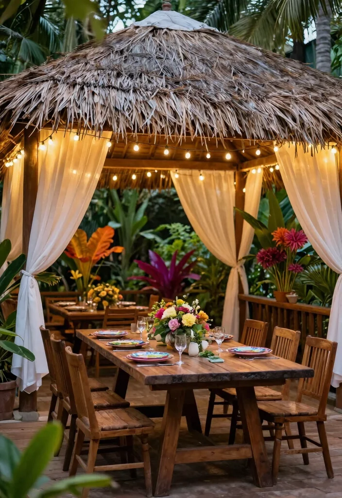 6 Tropical Thatched Gazebo Ideas for Resort Vibes 3. Garden Dining Experience 0