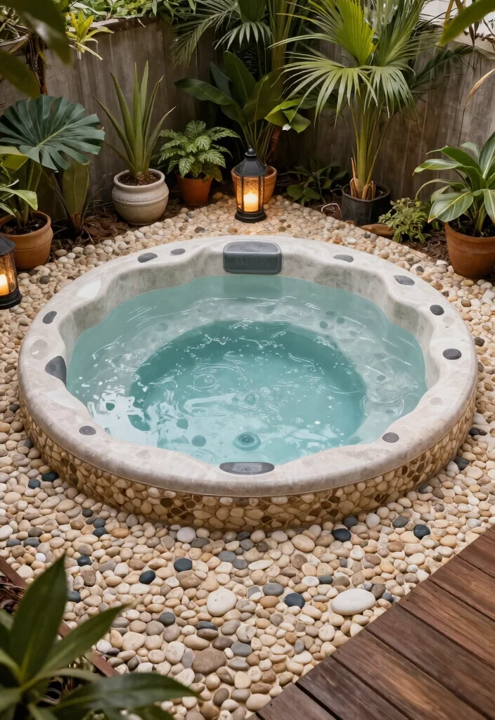 7 Beautiful Hot Tub Tile Ideas for a Custom Look 7. Textured Pebble Tiles 0