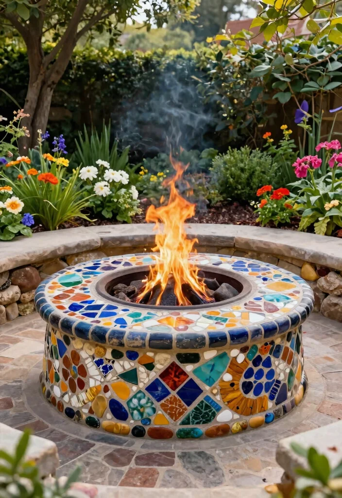 7 Beautiful Stone Fire Pit Ideas for a Natural Aesthetic 22 7 Beautiful Stone Fire Pit Ideas for a Natural Aesthetic 4. Artistic Mosaic Stone Fire Pit 0