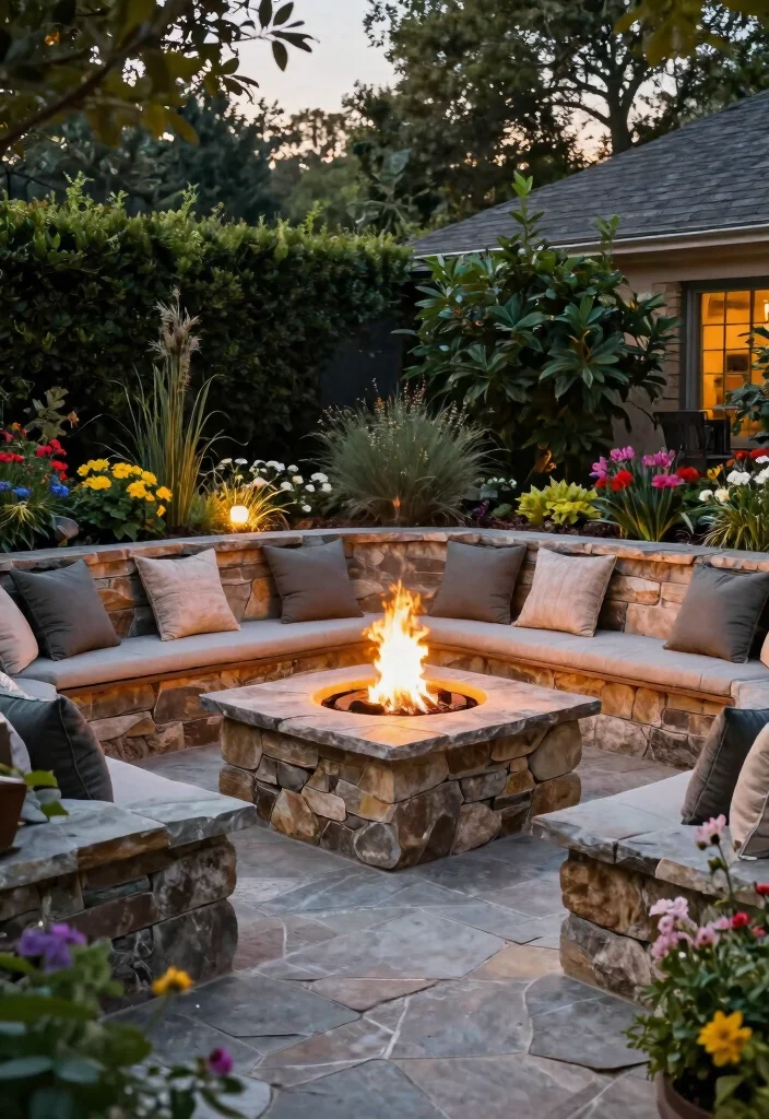 7 Beautiful Stone Fire Pit Ideas for a Natural Aesthetic 33 7 Beautiful Stone Fire Pit Ideas for a Natural Aesthetic 5. Elevated Stone Fire Pit with Seating Wall 0