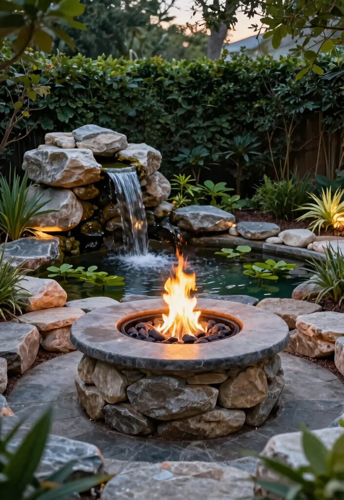 7 Beautiful Stone Fire Pit Ideas for a Natural Aesthetic 55 7 Beautiful Stone Fire Pit Ideas for a Natural Aesthetic 7. Fire Pit with Stone Water Feature 0