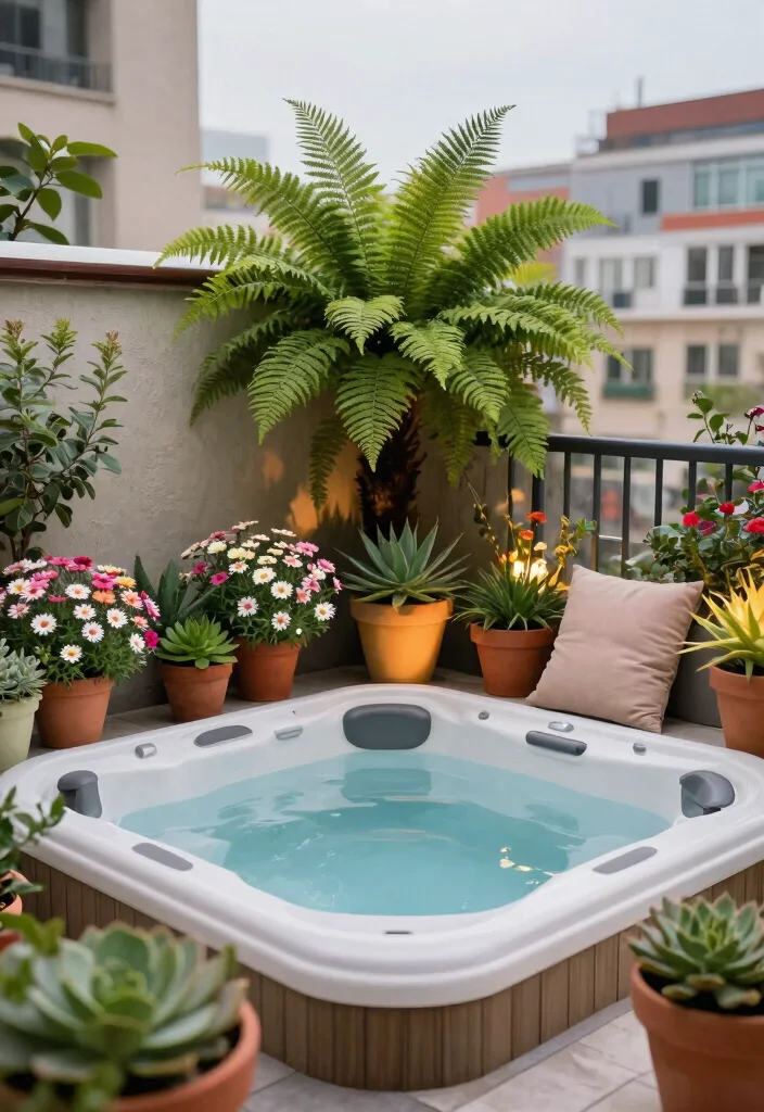 7 Compact Hot Tub Terrace Ideas for High Rise Homes 2. Cozy Corner with Container Gardening 0