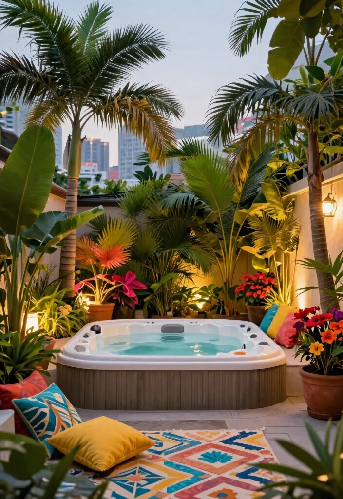 7 Compact Hot Tub Terrace Ideas for High Rise Homes 5. Tropical Paradise with Potted Palms 0