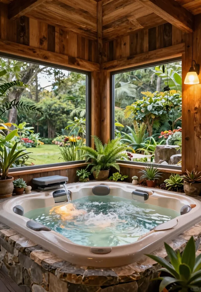 7 Cozy Indoor Hot Tub Room Ideas for Your Basement 1 7 Cozy Indoor Hot Tub Room Ideas for Your Basement 1. Nature Inspired Oasis 0