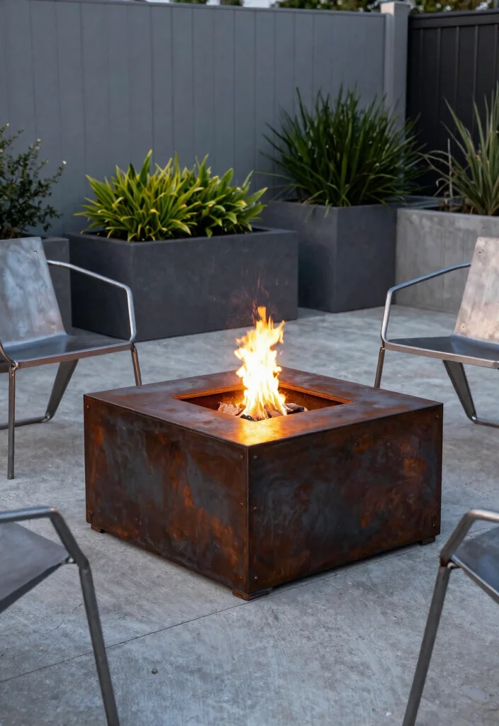 7 Durable Metal Fire Pit Ideas for Industrial Style Patios 3. Industrial Steel Square Fire Pit 0