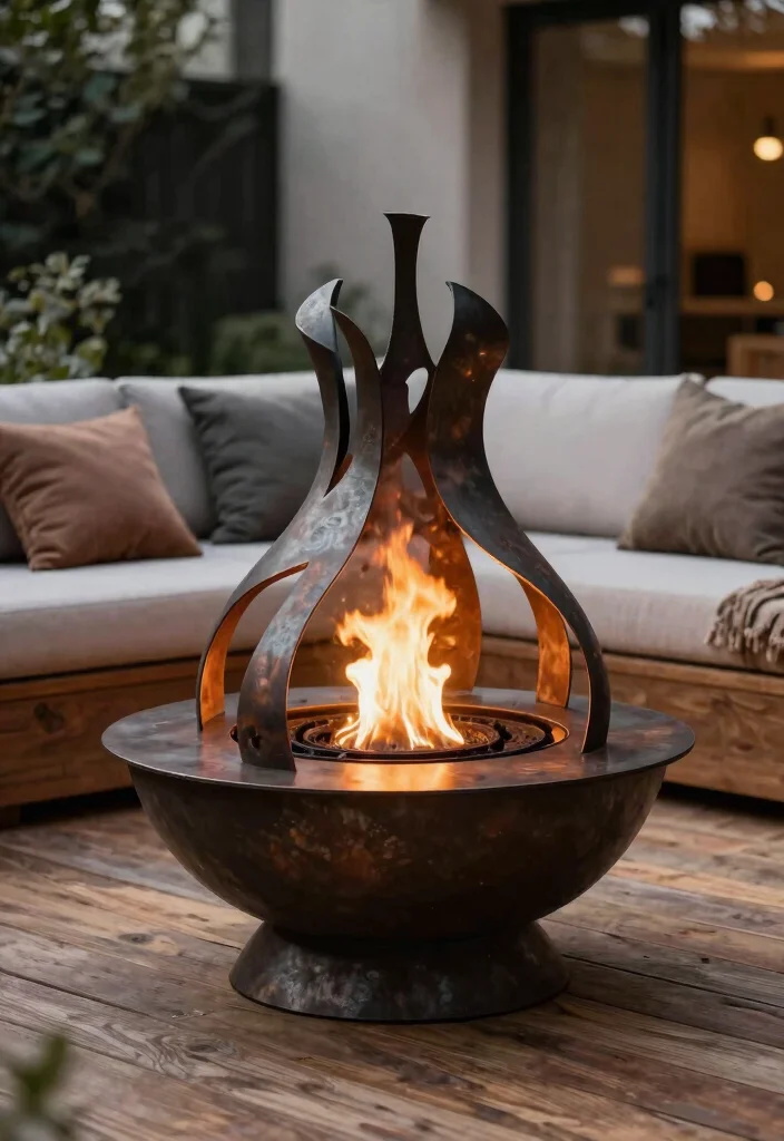 7 Durable Metal Fire Pit Ideas for Industrial Style Patios 6. Artistic Sculptural Fire Pit 0