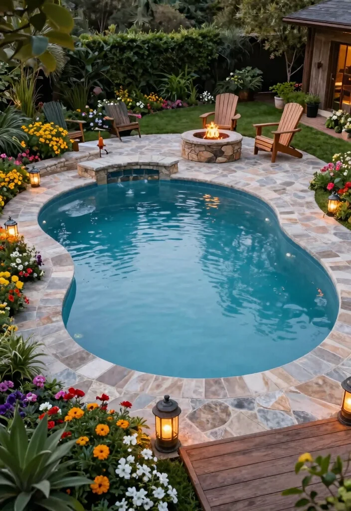 7 Epic Pool and Fire Pit Ideas for Your Private Resort 2. Rustic Stone Fire Pit Near a Lagoon Style Pool 0
