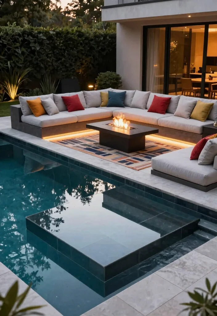 7 Epic Pool and Fire Pit Ideas for Your Private Resort 3. Modern Chic Pool with a Sleek Fire Table 0