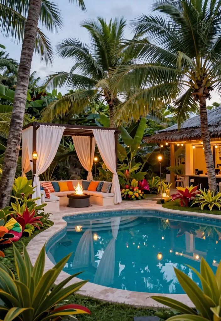 7 Epic Pool and Fire Pit Ideas for Your Private Resort 4. Tropical Paradise with a Fire Pit Lounge 0