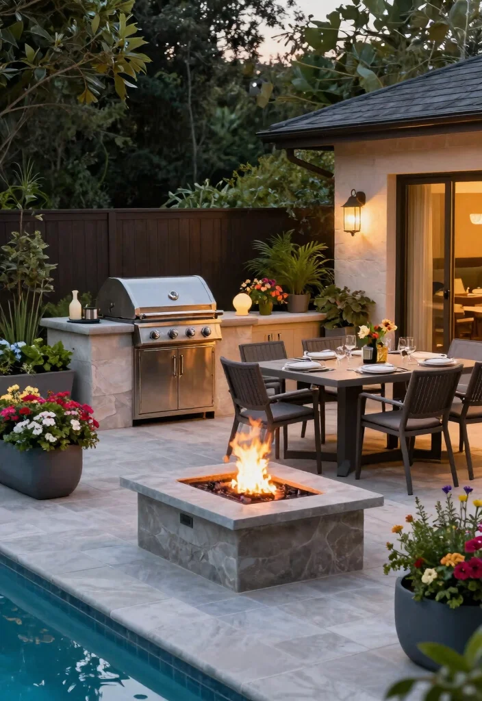 7 Epic Pool and Fire Pit Ideas for Your Private Resort 5. Elegant Poolside Fire Pit with Dining Area 0