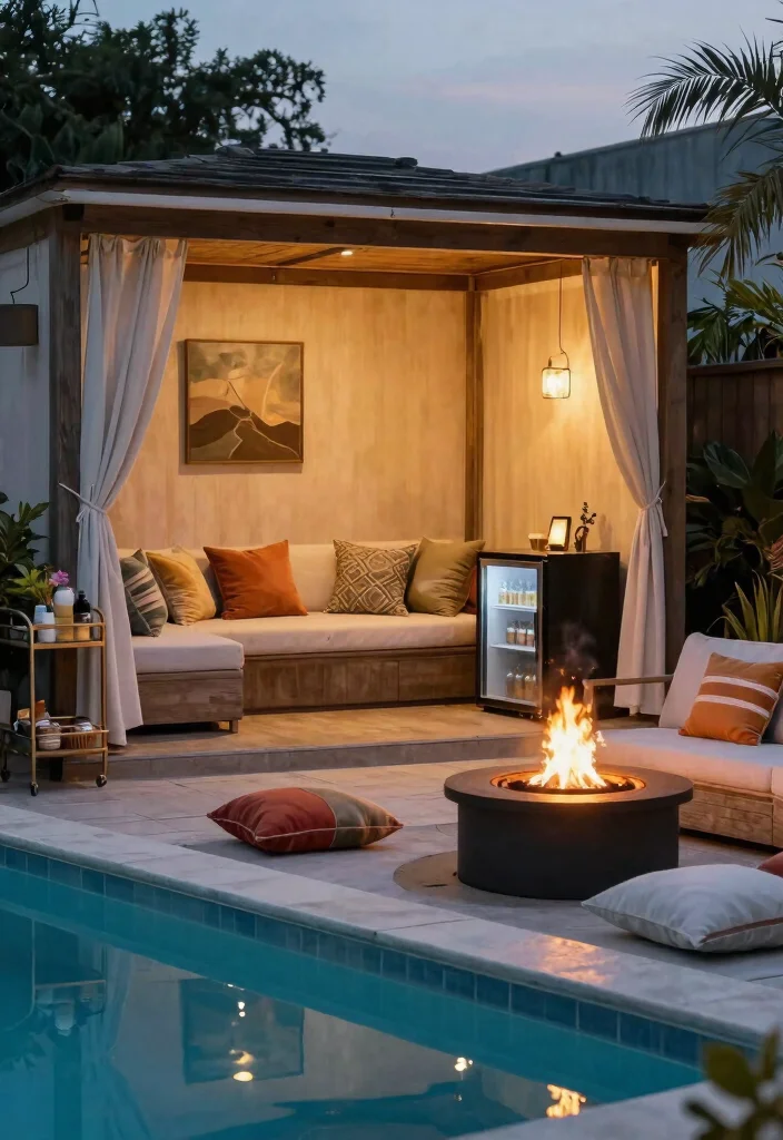 7 Epic Pool and Fire Pit Ideas for Your Private Resort 6. Cozy Fire Pit with Poolside Cabana 0