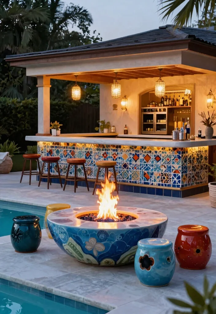 7 Epic Pool and Fire Pit Ideas for Your Private Resort 7. Unique Shaped Fire Pit with Poolside Bar 0