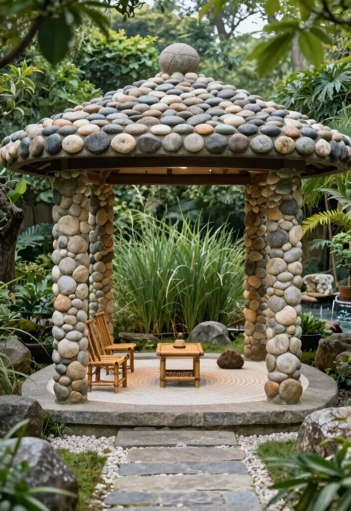 7 Luxurious Stone Gazebo Ideas for a Permanent Look 4. Zen Retreat with Pebble Stone 0