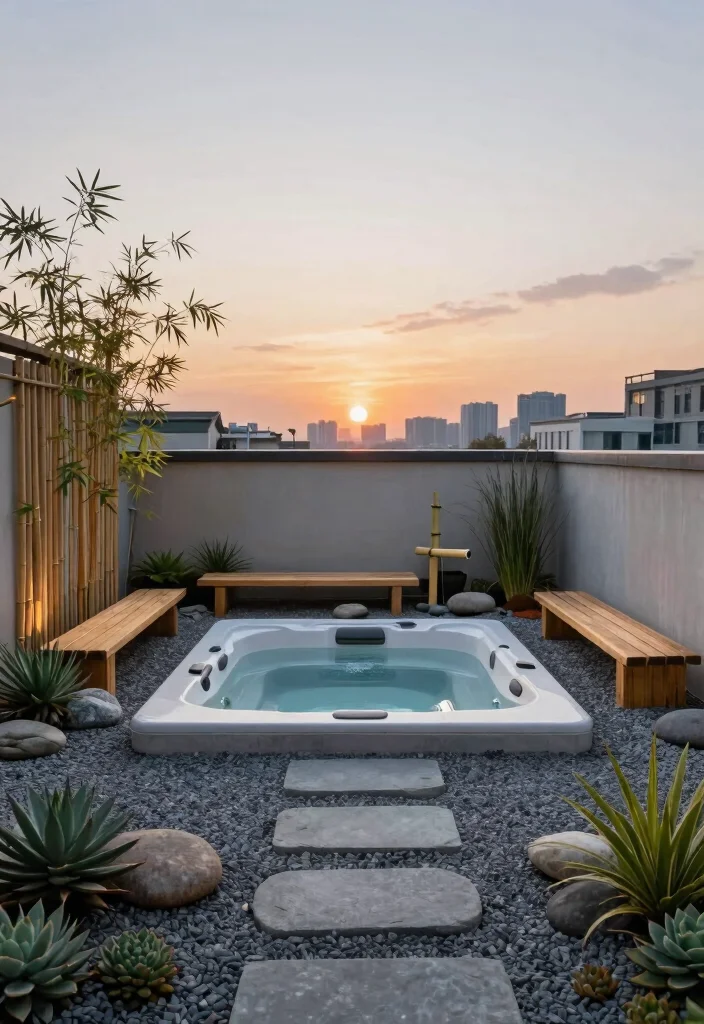 7 Luxury Hot Tub Rooftop Ideas for Urban Living 12 7 Luxury Hot Tub Rooftop Ideas for Urban Living 2. Minimalist Zen Garden Retreat 0