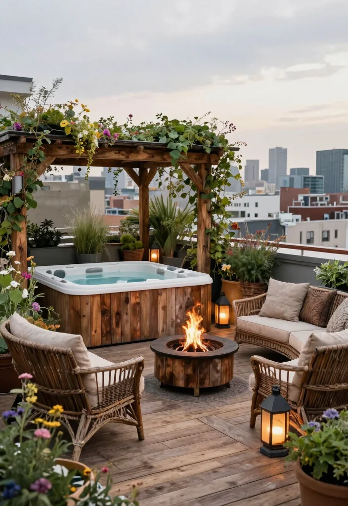 7 Luxury Hot Tub Rooftop Ideas for Urban Living 14 7 Luxury Hot Tub Rooftop Ideas for Urban Living 4. Rustic Charm Rooftop Oasis 0