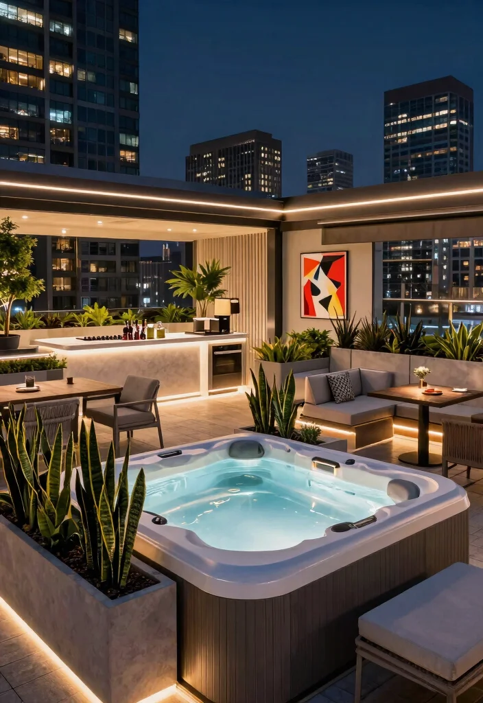 7 Luxury Hot Tub Rooftop Ideas for Urban Living 36 7 Luxury Hot Tub Rooftop Ideas for Urban Living 6. Chic Contemporary Rooftop Lounge 0
