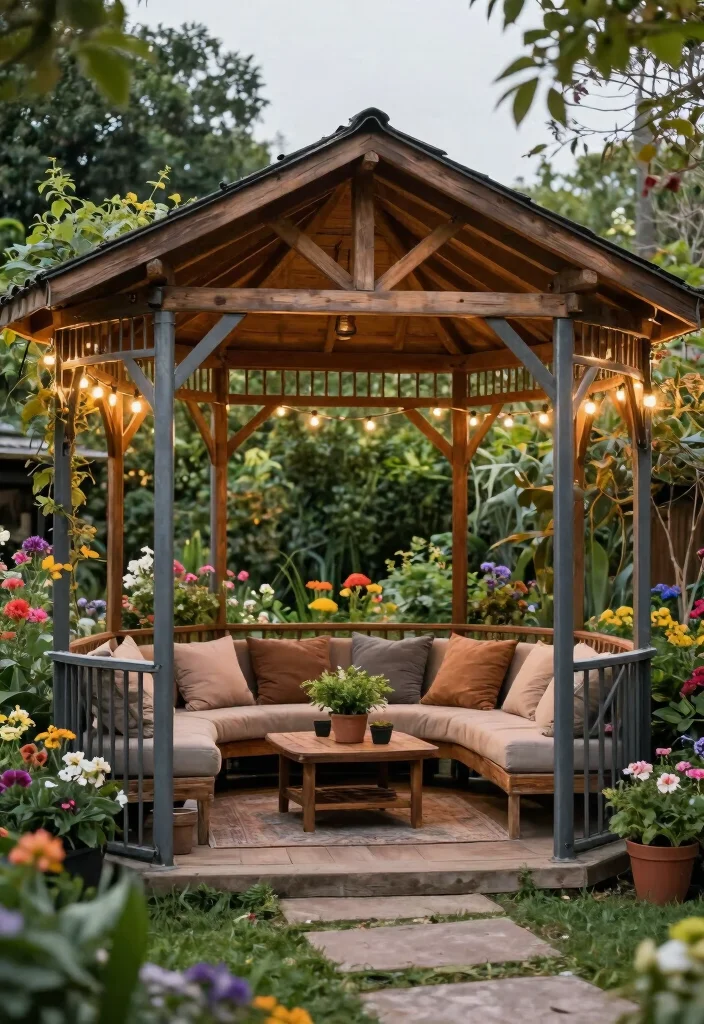 7 Modern Steel Gazebo Ideas for All Season Protection 2. Rustic Steel Gazebo with Wooden Accents 0