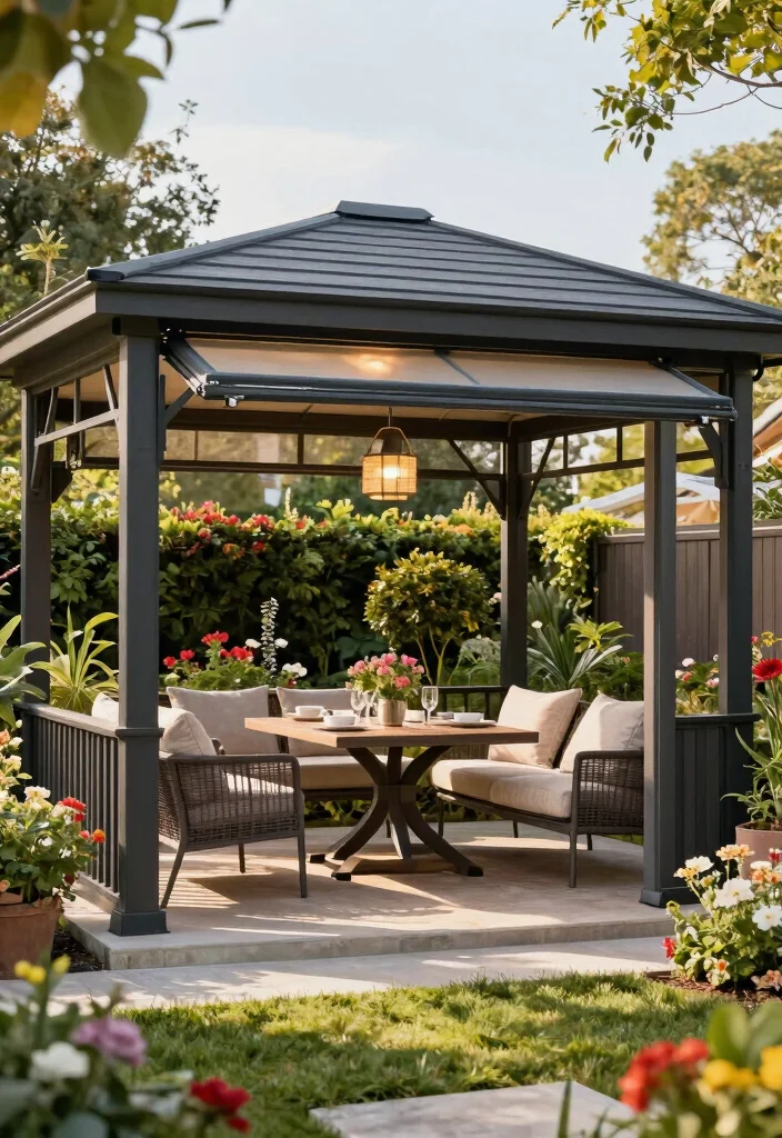 7 Modern Steel Gazebo Ideas for All Season Protection 6. Open Air Steel Gazebo with Retractable Roof 0