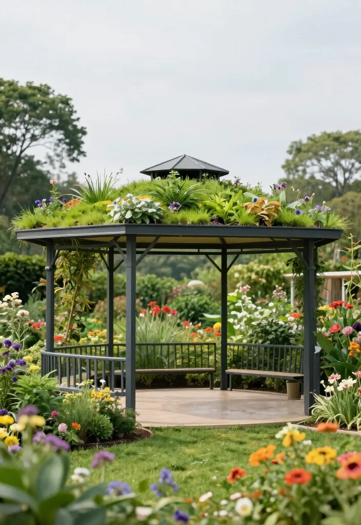 7 Modern Steel Gazebo Ideas for All Season Protection 7. Customizable Steel Gazebo with Green Roof 0