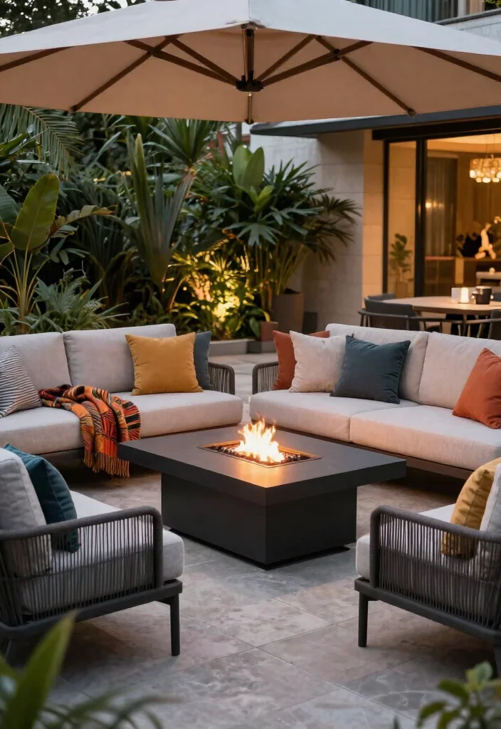 7 Relaxing Backyard Fire Pit Ideas with Cozy Lounge Areas 3. Chic Patio Paradise 0