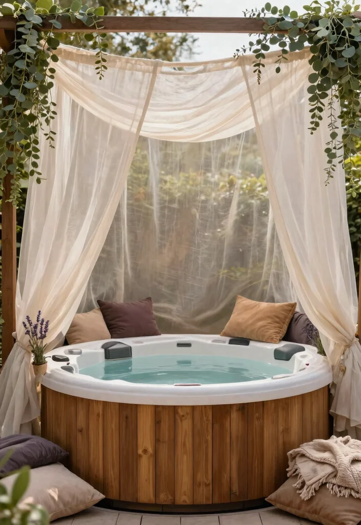 7 Timeless Cedar Hot Tub Ideas for a Natural Look 23 7 Timeless Cedar Hot Tub Ideas for a Natural Look 3. Cozy Canopy Escape 0