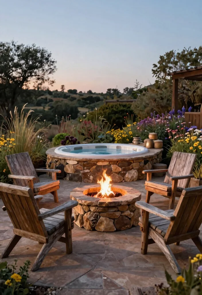 7 Ultimate Patio Ideas with Fire Pit and Hot Tub Duo 3. Rustic Charm with Stone 0
