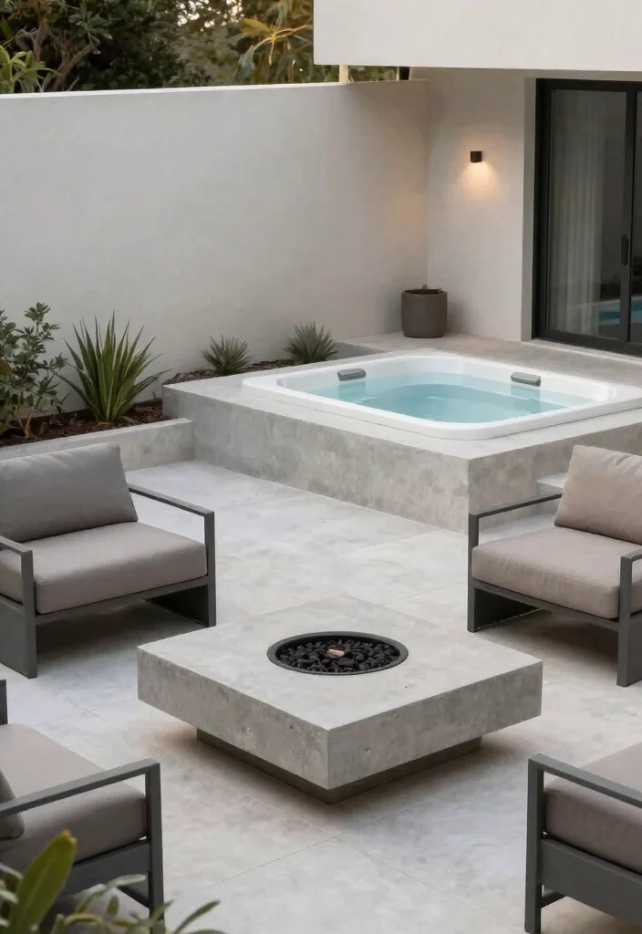 7 Ultimate Patio Ideas with Fire Pit and Hot Tub Duo 4. Modern Minimalist Vibes 0