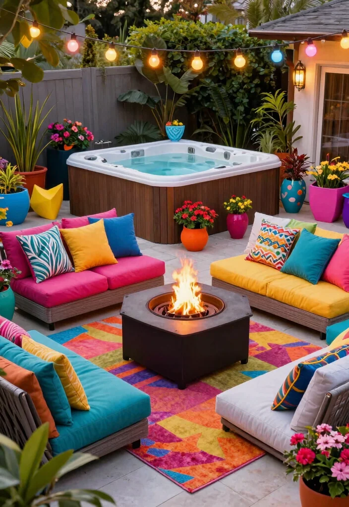 7 Ultimate Patio Ideas with Fire Pit and Hot Tub Duo 5. Color Pop Paradise 0
