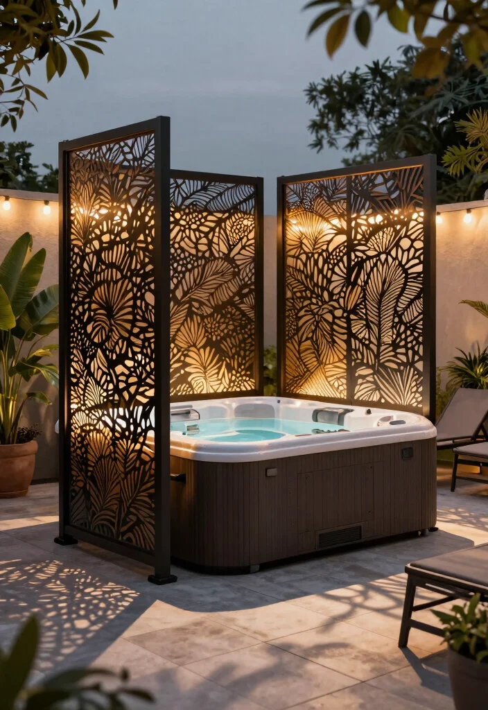 7 Unique Hot Tub Wall Ideas for Privacy & Wind Protection 23 7 Unique Hot Tub Wall Ideas for Privacy Wind Protection 3. Elegant Decorative Metal Screens 0