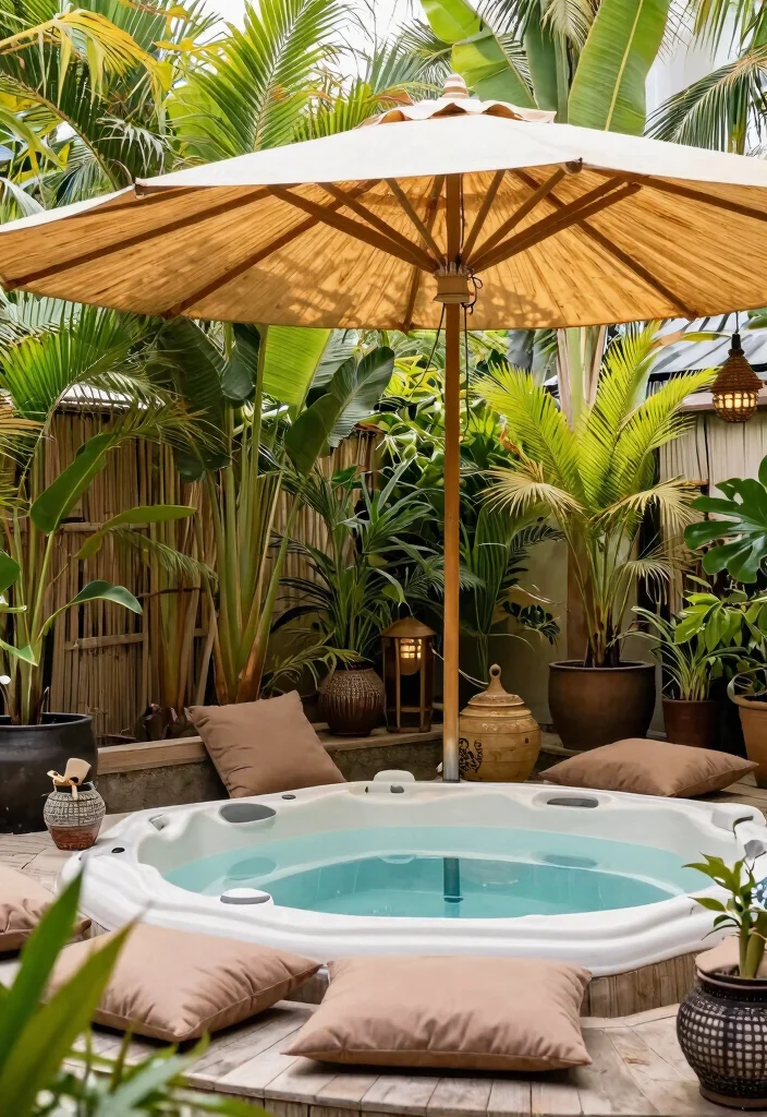 8 Cool Hot Tub Shade Ideas to Protect Your Skin 2. Stylish Bamboo Umbrella 0