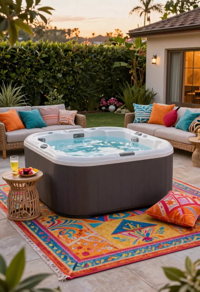 8 Creative Blow Up Hot Tub Surround Ideas DIY Focus 5. Outdoor Rug and Comfortable Seating 0