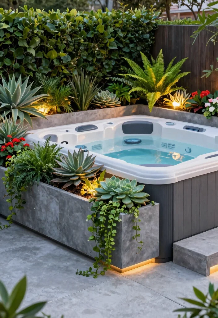 8 Practical Hot Tub Concepts for Concrete Backyard Patios 1. Hot Tub with Built in Planters 0