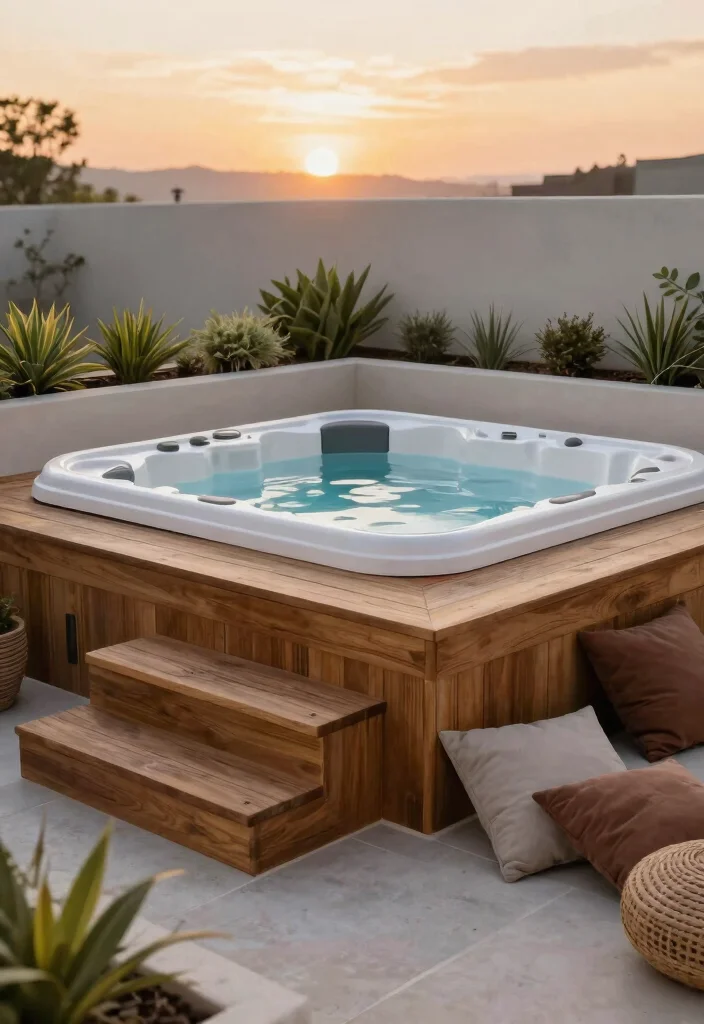 8 Practical Hot Tub Concepts for Concrete Backyard Patios 2. Elevated Platform Hot Tub 0