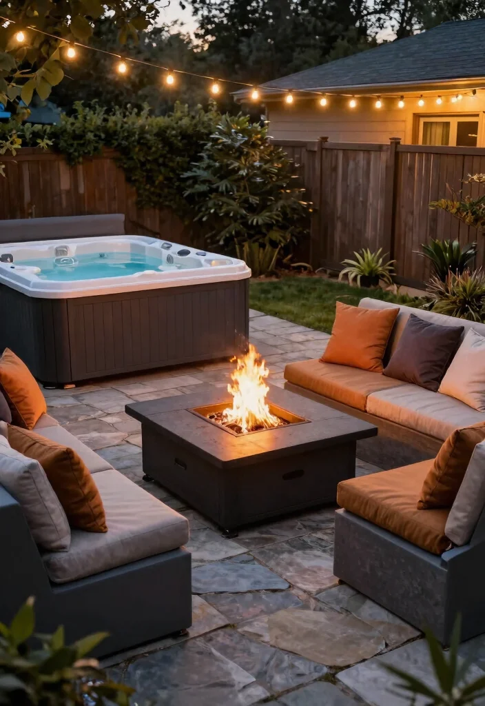 8 Practical Hot Tub Concepts for Concrete Backyard Patios 4. Hot Tub and Fire Pit Combo 0